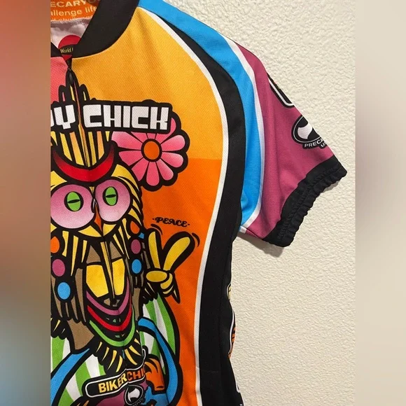 World Jerseys Biker Hippy Chick Zip Up Short Sleeve Active Top Groovy Size M - Picture 10 of 16